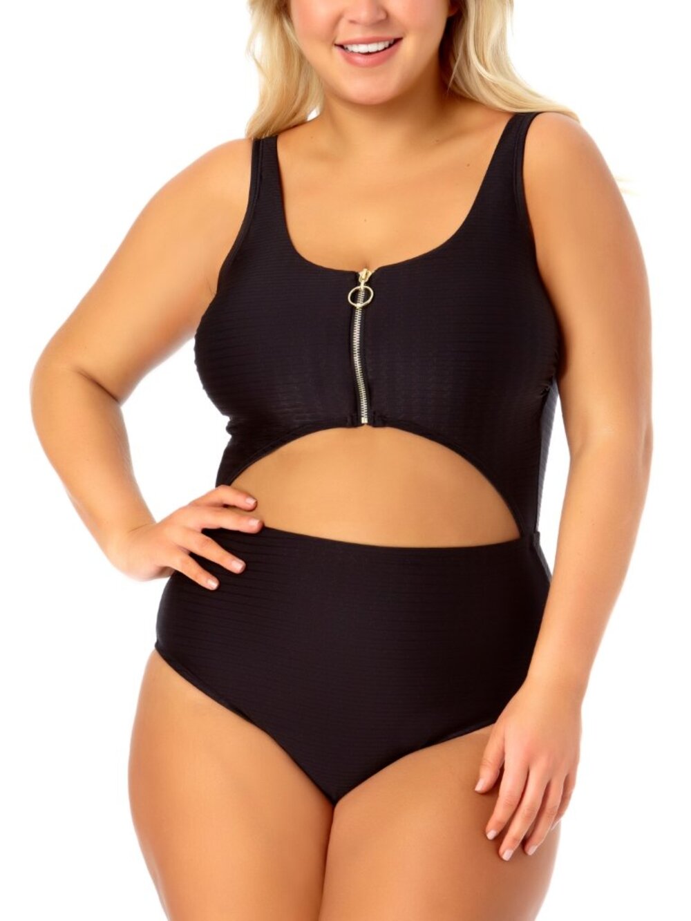 California Waves Womens Trendy Plus Size One-Piece Zip-Front Swimsuit